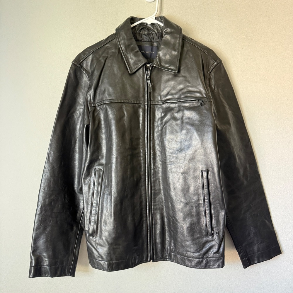 Banana Republic Leather Jacket Mens M Black Full Zip Genuine Leather Coat